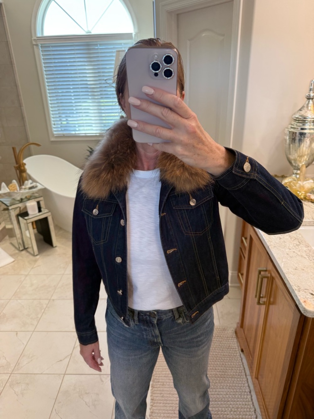 Glamourpuss Indigo Denim Jacket Raccoon Fur Collar Mink Lining XS